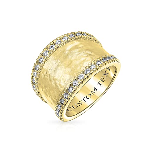 Bling Jewelry Personalized Modern Geometric Boho Style Criss Cross CZ Accent Band Fashion Statement Brushed Hammered Matte Finish Wide Band Ring For Women Yellow 14K Gold Plated Brass Customizable - color: Gold-Tone Engrave