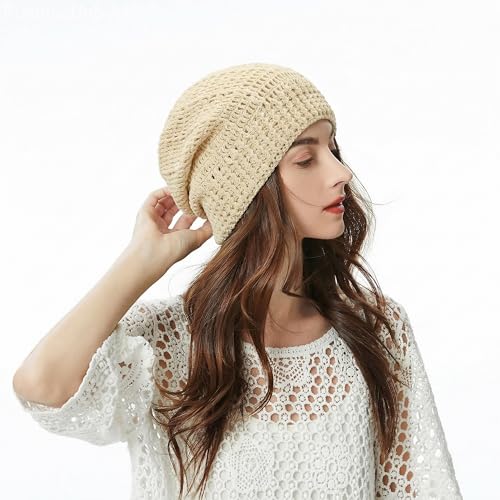 ZLYC Women Cotton Crochet Slouchy Beanie Hat Handmade Knit Summer Skull Cap - color: Beige