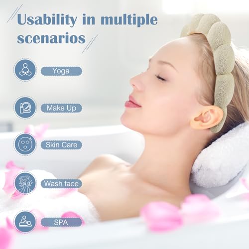 Ztomine Spa Terry Cloth Headband Combo Pack - 2 Puffy Makeup Facial Headbands for Face Washing and Masks (Beige + Blue) - color: beige + blue