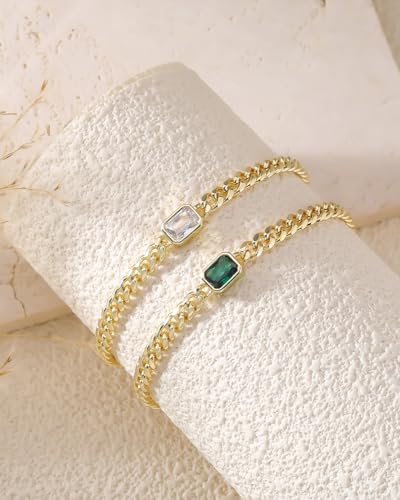 Birthstone Gold Bracelets for Women Non Tarnish Trendy 14k Gold Plated Bracelet Dainty Charm Emerald Bracelets Stack Cuban Link Friendship Bracelets Jewelry Gifts for Birthday/Valentine's Day - color: 04. April(Diamond)