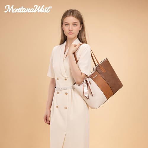 Montana West Tote Bags for Women Top Handle Satchel Purses - color: Beige With Brown