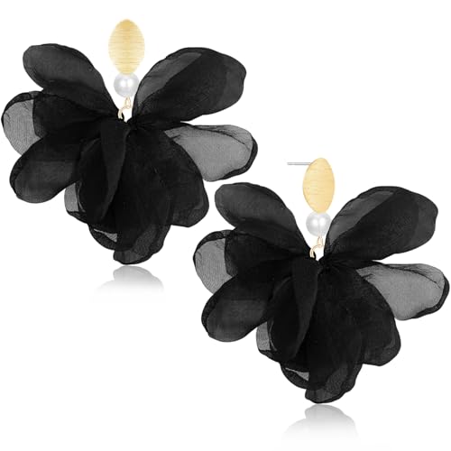 Handmade Fabric Flower Petal Fringe Dangle Drop Earrings Bohemian Floral Tassel Stud Earrings For Women - color: Black
