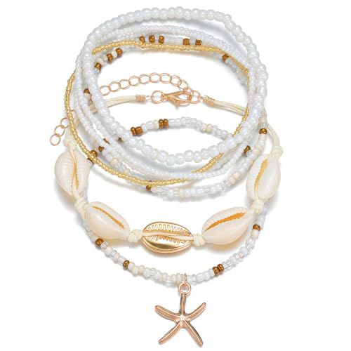 Qceasiy Shell Ankle Bracelet Set for Women, Gold Plated Boho Bead Adjustable Anklet, Hawaiian Beach Seashell Pearl Heart Starfish Conch Foot Jewelry Gifts - color: Starfish Shell 7Pcs