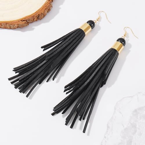 Coiris Boho Leather Layered Tassel Earrings for Women Lightweight Leather Fringe Dangle Earrings Handmade Bohemian Summer Beach Western Drop Earrings for Women - color: Black