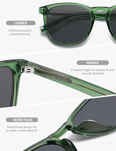 SOJOS Unisex Rounded Square Polarized Sunglasses TR90 Frame UV400 Protection Lightweight Retro for Women & Men - color: Green/Grey