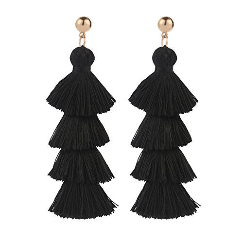 BaubleStar Tassel Earrings Handmade Tiered Thread Tassel Dangle Earrings, Multi Colors - color: Black