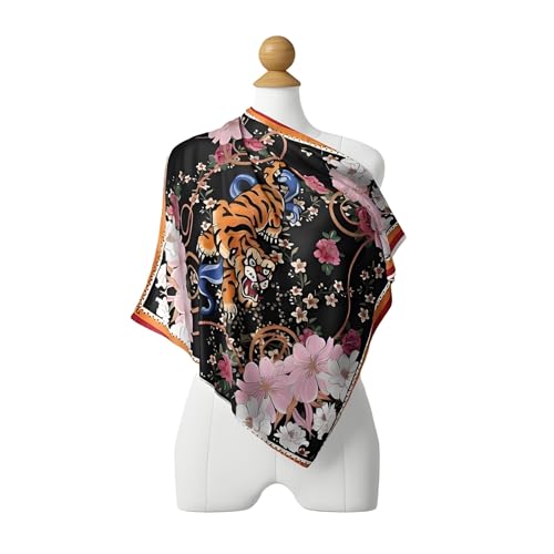 Premium Floral Scarf for Women 35x35 Square Silk Feel-Lightweight Scarves Headscarf Bandanas Wrapping Handbag - color: Tiger