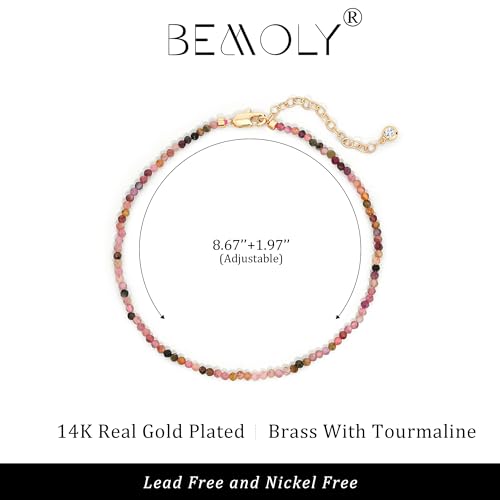 Bemoly Faceted Anklet for Women Gemstone Beads Anklet with Sparkling CZ Tail Charm - 22cm + 5cm Adjustable 14K Gold Plated Foot Chain - October Birthstone Jewelry Gift for Her, Summer Beach Vacation - color: Anklet-Tourmaline