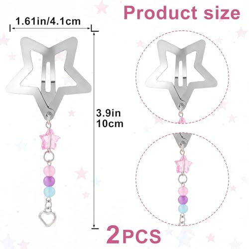 Pndeyo 2pcs Star Tassels Hair Clips for Women, Heart Non-Slip 2000s Y2k Snap Barrettes, Cute Star Beaded Pendant Pin Accessories for Braid Long Short Thin Thick Hair- Silver - color: Silver-B Style