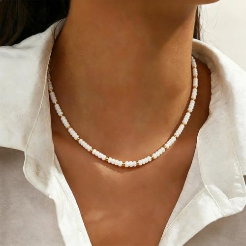 Tgirls Boho Choker Necklace Chain Rice Beaded Necklaces Seed Bead Necklace Accessory for Women - color: White Gold