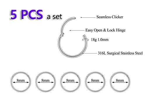 5Pcs 16G 18G Surgical Steel Nose Rings Hoop Tragus Septum Cartilage Hoop Earrings For Women Men Body Piercing Jewelry Kit Bar Length 6mm/8mm/10mm/12mm/14mm - style: 5Pcs -18G - Steel - 8mm