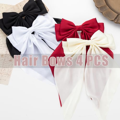Hair Bows 4 PCS, Hair Bows for Women, Hair Ribbons, Oversized Long-tail Cute Aesthetic Hair Accessories, Large Hair Barrettes for Women, Bows for Girls (Wine red, off white, black, white)