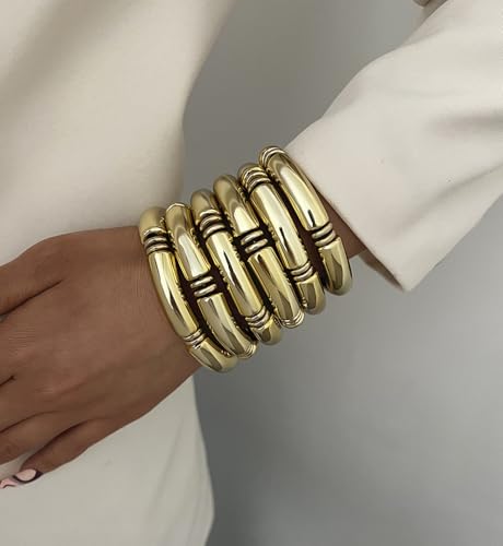 iF YOU 6pcs Chunky Acrylic Bangle Bracelets for Women, Resin Bamboo Brown Stretchy Bracelet Stack, Fashion Jewelry for Women - color: 6 Gold chunky acrylic bracelets