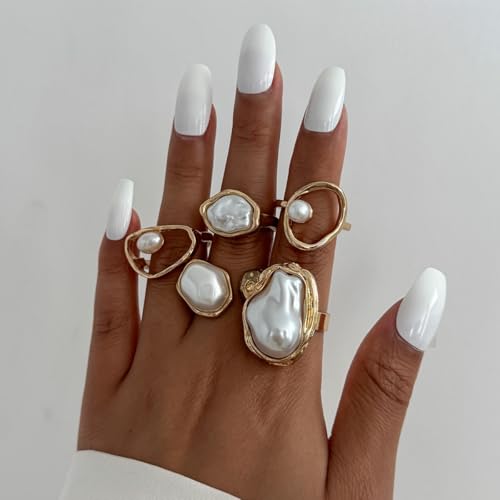 Chunky Gold Pearl Rings for Women Vintage Baroque Pearl Rings Set Open Stacking Pearls Ring Set Irregular Geometric Pearls Ring Boho Prom Costumes Fashion Jewelry Accessories - style: 5PCS B