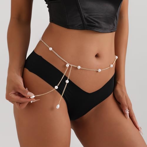 Bohemian Fake Pearl Bikini Body Chain for Women Adjustable Waterproof Belly Waist Jewelry Layered Cubic Zirconia Swimsuits Beach Chains Summer Festival Mermaid Party Accessories - style: Style-A