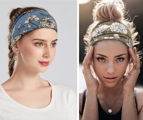 Boho Headband Fashion Wide Headband Knoted Turban Yoga Workout Head Bands Hair Accessories For Women (flower4, Pack of 2) - color: flower4, size: 1 Count (Pack of 2)