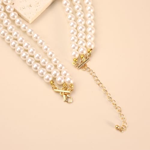 Bethynas Boho Layered Pearl Rhinestones Choker Necklace Vintage Chunky Pearl Crystal Pendant Short Necklace Chain Bridal Prom 1920s Costume Party Jewelry for Women - color: Pearl 8 - white