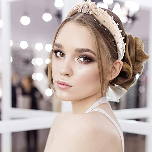 WILLBOND 3 Pieces Pearl Knotted Headbands for Women Velvet Top Knot Head Bands Pearls Hair Hoop for Woman Hair Accessories (Beige, Pink, Black) - color: Beige, Pink, Black