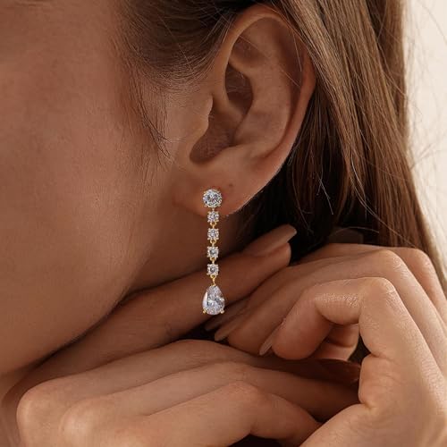 Teardrop Cubic Zirconia Dangle Earrings for Women 925 Silver Post Gold Plated Bridal Jewelry for Wedding Bride Bridesmaid Prom Pageant - color: Gold