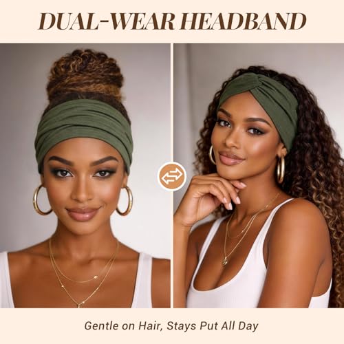 Awumbuk Wide Headbands for Women, 7.08 Inch Thick Boho Turban Style Hair Wraps, Non-Slip Moisture-Wicking Workout Headband for Sports, Yoga, Daily Fashion, 8 Pack Multi Colors (Military green) - color: Military green