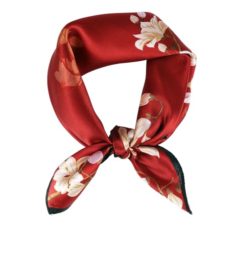 MEISEE 100% Pure Mulberry Silk Scarf 21" Square Scarf Neckerchief Headscarf Breathable Lightweight for Women Gift Packed - color: M3 Red Flower