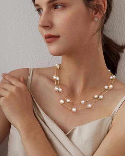 TEN MIRO 16k Gold Plated Chunky Gold Plated Necklace for Women Non Tarnish, 36'' /92cm Long Chunky Heart Necklace layered Puffy Heart Necklaces Long Thick Pendant Bold Statement Necklaces for Women Trendy - style: Gold Plated Double Layered Pearl Necklace
