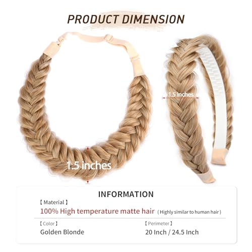 2PCs Braided Headband with teeth Handmade Messy Wide Synthetic Hair Elastic Stretch Fluffy Hairpiece for Brides (Golden Blonde) - color: Golden Blonde