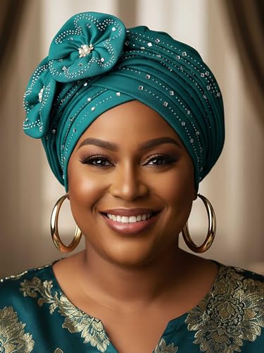 Woeoe Beanie Cap Head Wrap Black Rhinestones Head Scarf Flower Pearls Twisted Head Turban for Women Girls - color: Teal Color