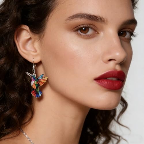 Hummingbird Necklace Earrings Set for Women Cute Colorful 2D Bird Pendant Necklace Acrylic Hypoallergenic Dangle Earrings Trendy Jewelry for Bird Lovers - color: Colorful