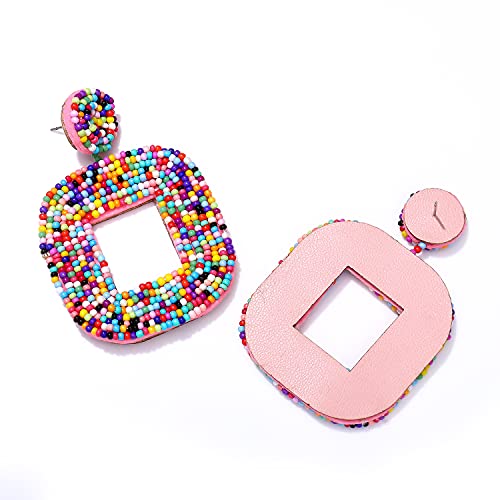 Beaded Drop Earrings Multicolored Seed Bead Earrings for Women Bohemia Statement Square Bead Hoop Dangle Earrings for Wedding Party Vacation - color: A Multicolored