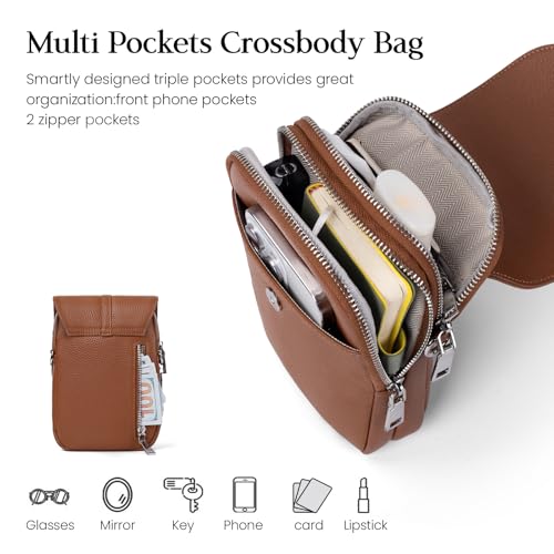 befen Genuine Leather Small Crossbody Bags for Women, Multi Pocket Cell Phone Crossbody Purse with RFID Blocking Card Slots - color: Cognac Brown