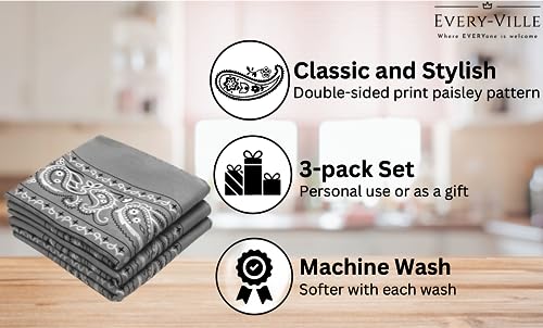 Classic Paisley Bandanas - 3 Pack Gift Set, 100% Cotton, 22x22 Inches - color: Grey