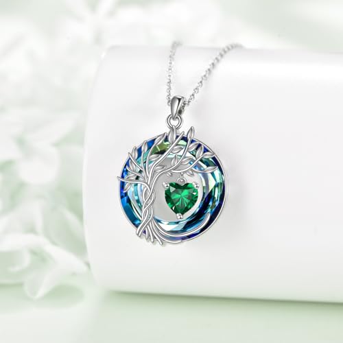 POPLYKE Mothers Day Gifts for Mom Her Wife Tree of Life Necklace 925 Sterling Silver Birthstone Pendant with Crystal Anniversary Birthday Wedding Jewelry for Women - color: 05-May-Emerald, style: White Gold Plated-Blue Crystal