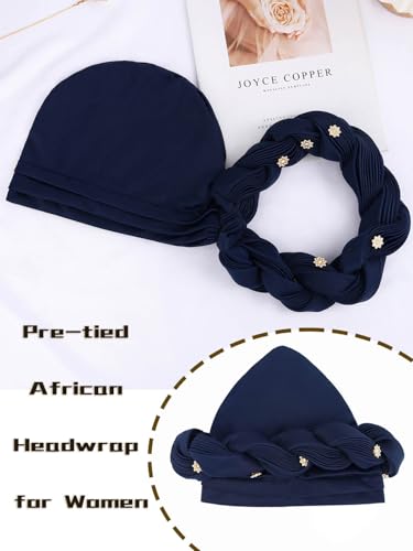 Woeoe Women African Turban Pre-Tied Twisted Beanie Cap Headwear Rhinestone Soft Stretchy Head Turbans - color: Navy Blue