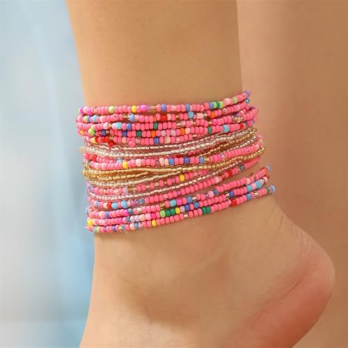 Fuqimanman2020 18Pcs Boho Stackable Beaded Bracelets for Women Colorful Handmade Multilayered Rice Beads Anklets Set Summer Beach Bohemian Jewelry Gift - color: Style 1 Pink A