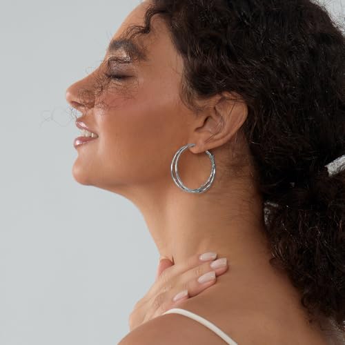Diamond-Cut Double Hoop Earrings for Women 14k Gold Plated 925 Sterling Silver Posts Lightweight Hypoallergenic Split Hoop Earrings Trendy Jewelry Gifts for Women - color: SILVER