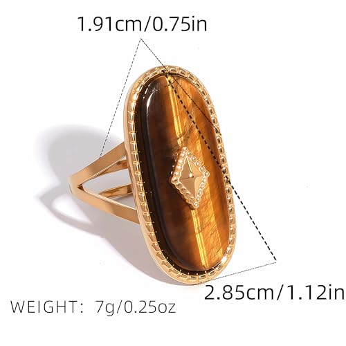 Tigers Eye Ring, Adjustable Stainless Steel Natural Stone Rings for Women, Vintage Chunky Gold Jewelry