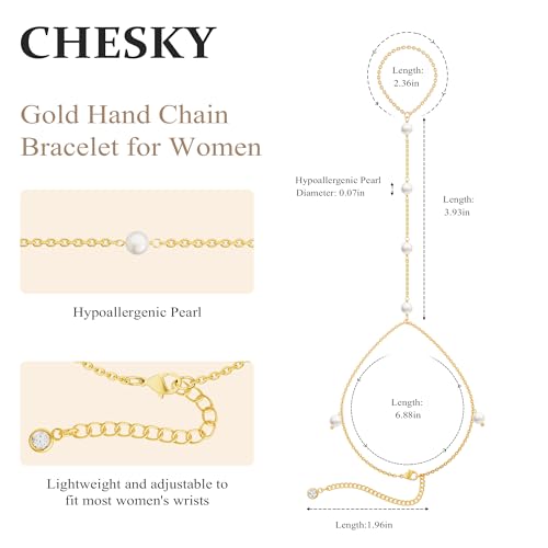 CHESKY 14k Gold Plated Hand Chain Bracelet for Women Trendy, Dainty Ring Bracelets Hand Chain Finger Nail Bracelet Simple Gold Hand Jewelry for Women Gifts - style: Pearl