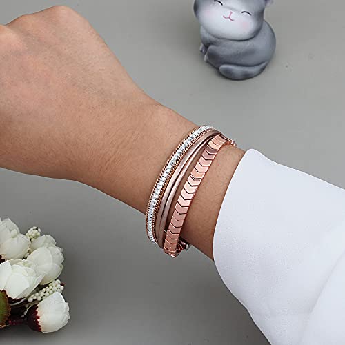 FANCY SHINY Hematite Leather Wrap Bracelets Beaded Healing Stone Cuff Bracelet Rhinestone Boho Jewelry Gift for Women with Clasp - color: Rose Gold