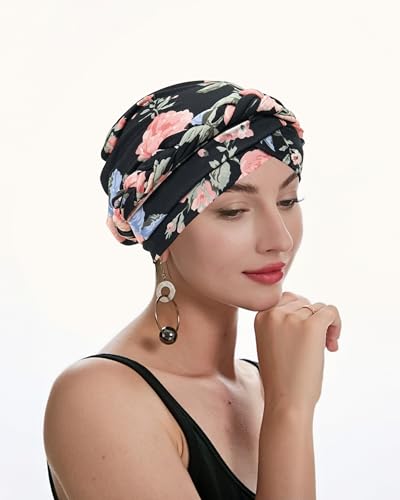 ZLYC Chemo Headwear for Women Pre Tied Turban Headwear Lightweight Beanie Hat - color: Braid Floral Pink Black
