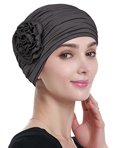 Alnorm Flower Design Chemo Hair Loss Caps Cancer Headwear for Women - color: Dark Grey