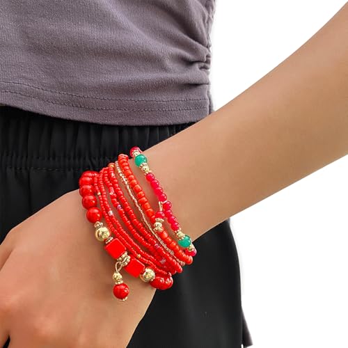 IFKM 8PCS Beaded Bracelets for Women, Multilayered Stackable Strand Stretch Bead Bracelet Pack Handmade Trendy Bohemian Charm Jewelry - color: Red