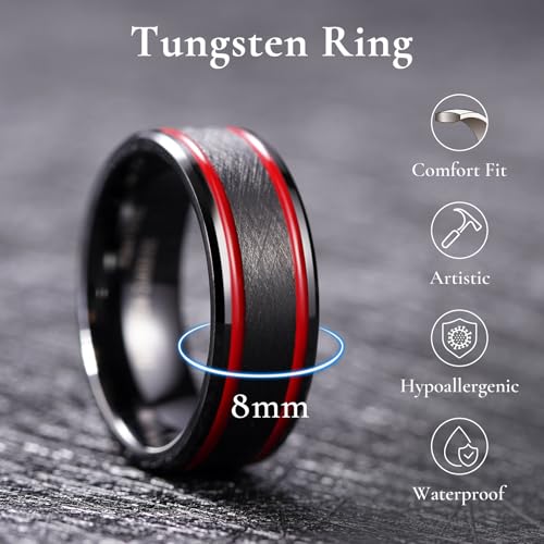 King Will Mens Tungsten Rings for Men Two Tone Grooved Mens Wedding Band Cool - color: Black & Red Two Groove
