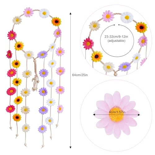 Sucrain 2pcs Flower Hippie Headband Floral Crown Summer Sunflower Hair Accessories for 70s Bohemian Costumes Style for Women (White+Colorful) - color: White+Colorful