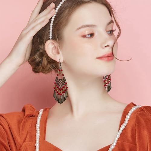 Handmade Vintage Bronze Bohemian Long Tassel Colorful Bead Dangle Drop Earrings Big Tribal Chandelier Geometry Hook Earrings for Women Statement Jewelry Gifts - color: Deep Red