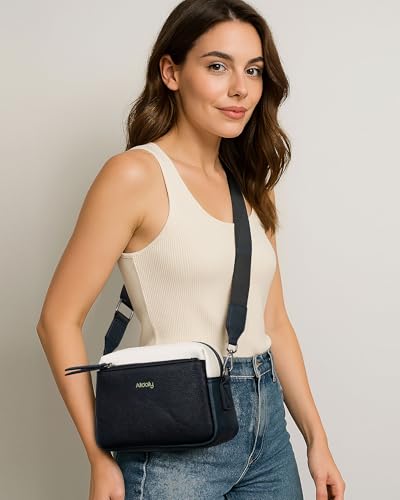 Alldaily Small Triple Zip Crossbody Purse for Women, Vegan Leather Phone Bag with Wide Shoulder Strap - color: Black & Blue & White