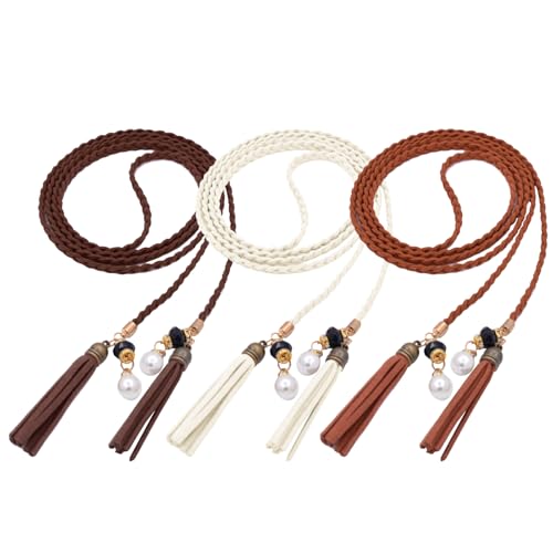 TeeYee Waist Belt Woven Knitted Rope/Chain PU leather 3 Pieces Tassel Rope Skinny Belt - color: 257beigetancoffee