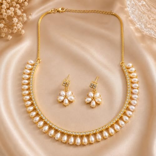 JewarHaat Indian Bollywood Necklace Set AD CZ Elegant Gold Plated Multi Stones Sparkling Crystals Choker with Earrings Fashion Jewellery for Women & Girls - color: Pearl/Moti