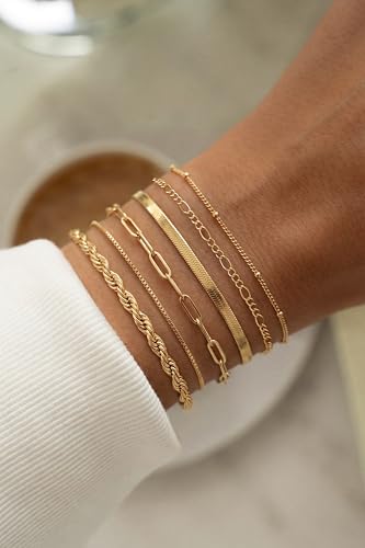 DEARMAY Sterling Silver Plated Bracelets Set for Women Waterproof, Non Tarnish Sterling Silver Link Chain Bracelets Pack Dainty, Fashion Jewelry Gifts for Everyday Comfortable - color: 6Pcs Gold Bracelet A