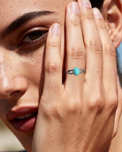 Silver Turquoise Rings for Women Adjustable Oval Gemstone Boho Western Statement Ring for Vintage Jewelry